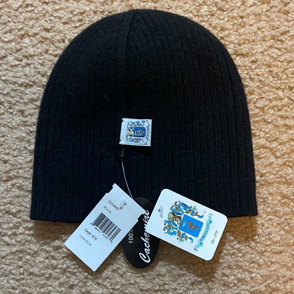 PORTOLANO 100% Cashmere Ribbed Beanie Black Unisex NWT
